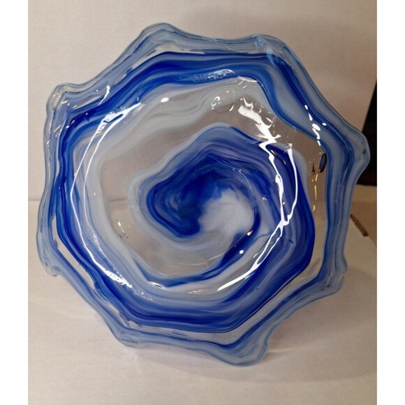 HANDMADE BLOWN SWIRL GLASS ART PIECE BLUE WHITE ONE-OF-A-KIND SERVING DISH - Picture 10 of 10